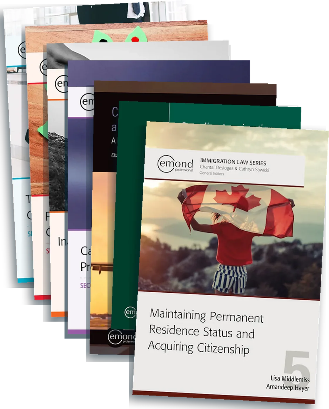 The seven Emond immigration texts listed on this page, shown as an overlapping stack of covers