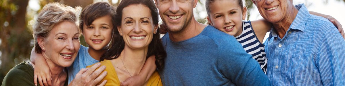 Portrait, outdoor and family with love, smile and bonding with fun, caring and happiness together. Face, happy grandparents and mother with father, children and kids in nature, playful and loving.
