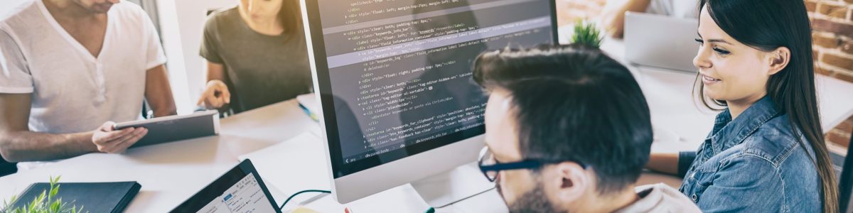 Developing programming and coding technologies. Website design. Programmer working in a software develop company office.