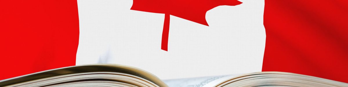 Education in Canada. Opened book and national flag on background. 3D rendered illustration.