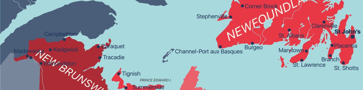 Vector color editable map of Atlantic provinces of Canada New Brunswick, Nova Scotia, Prince Edward Island and province of Newfoundland with capitals, national borders, cities and towns, rivers and lakes. Vector EPS-10 file