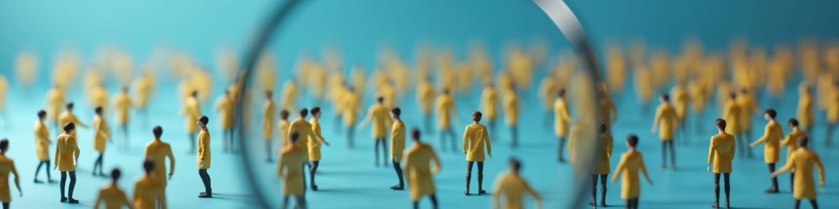 Magnifying glass focuses on potential candidate in large group of miniature figures. Job hunt concept. Labor market search. Recruitment process highlighted by, magnifying glass. Diverse group of