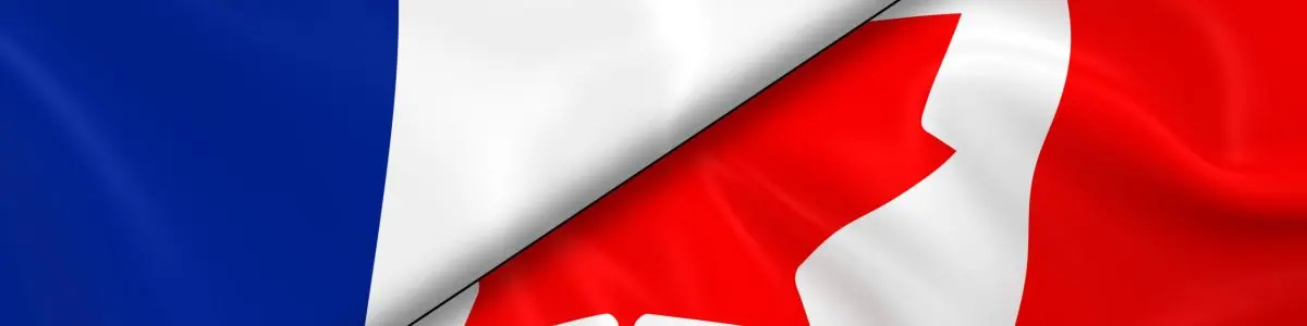 Flags of France and Canada Divided Diagonally - 3D Render of the French Flag and Canadian Flag with Silky Texture