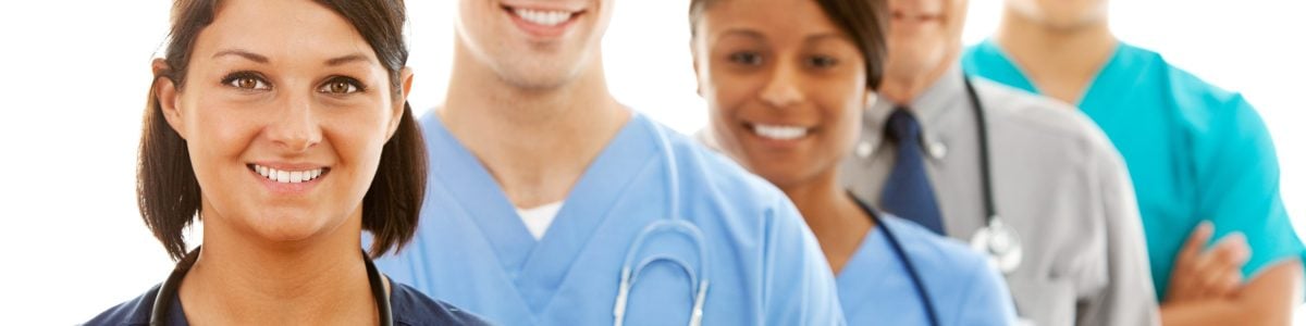 Multi-ethnic group of doctors, physicians, and nurses, both male and female.  Isolated on a white background.