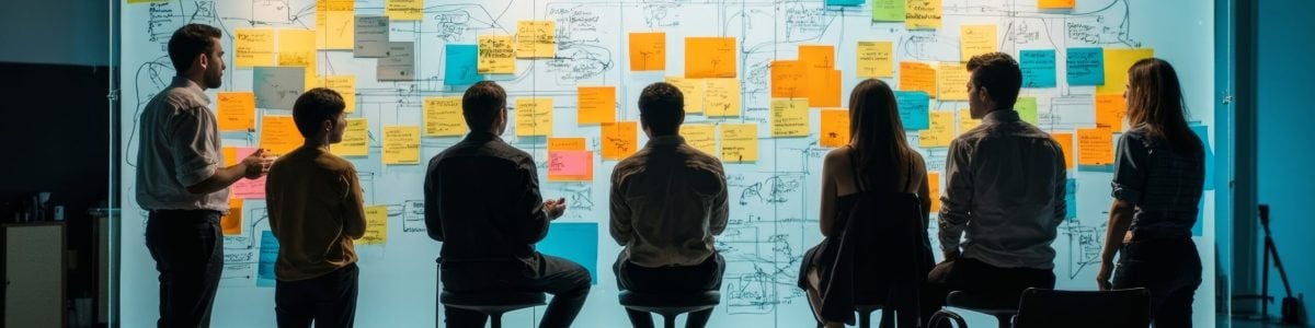 A cross-functional team sketching digital workflows on a glass wall, sticky notes and diagrams overlapping under bright studio lights