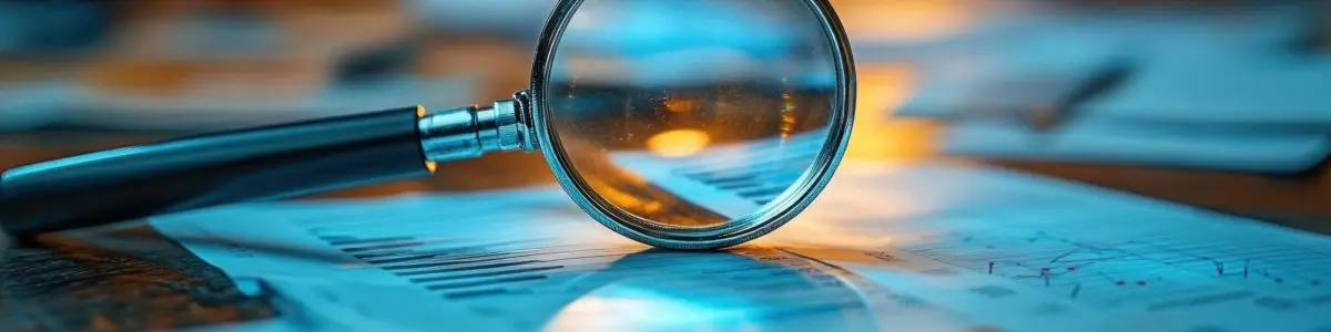 Magnifying glass lying on scattered financial documents with graphs and charts under warm lighting, suggesting detailed analysis and investigation